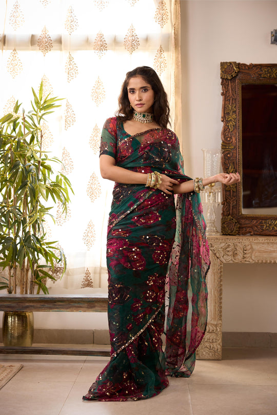 TEAL GREEN ORGANZA FLORAL SAREE