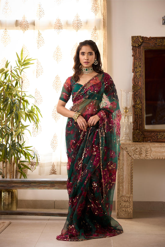 TEAL GREEN ORGANZA FLORAL SAREE