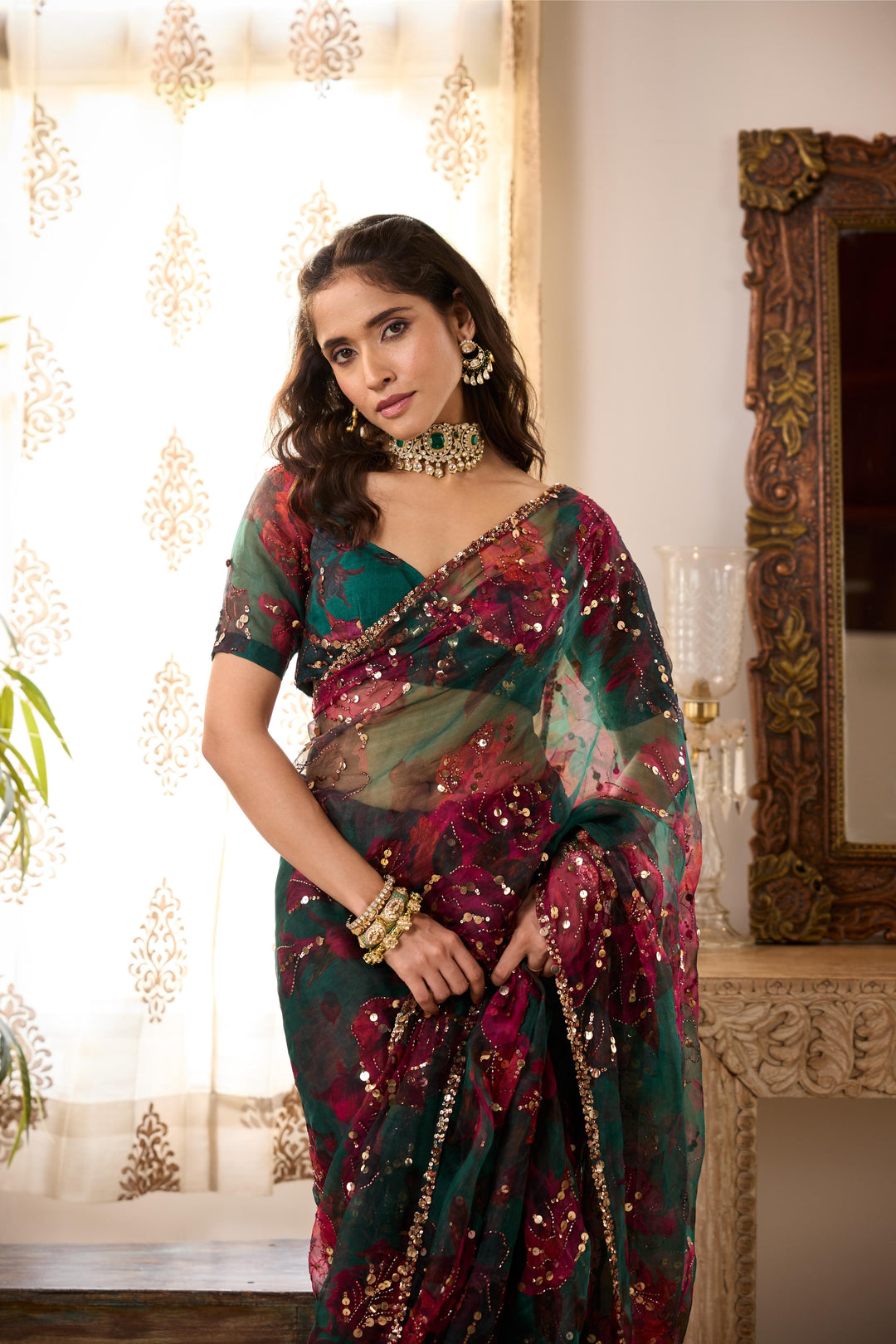 TEAL GREEN ORGANZA FLORAL SAREE