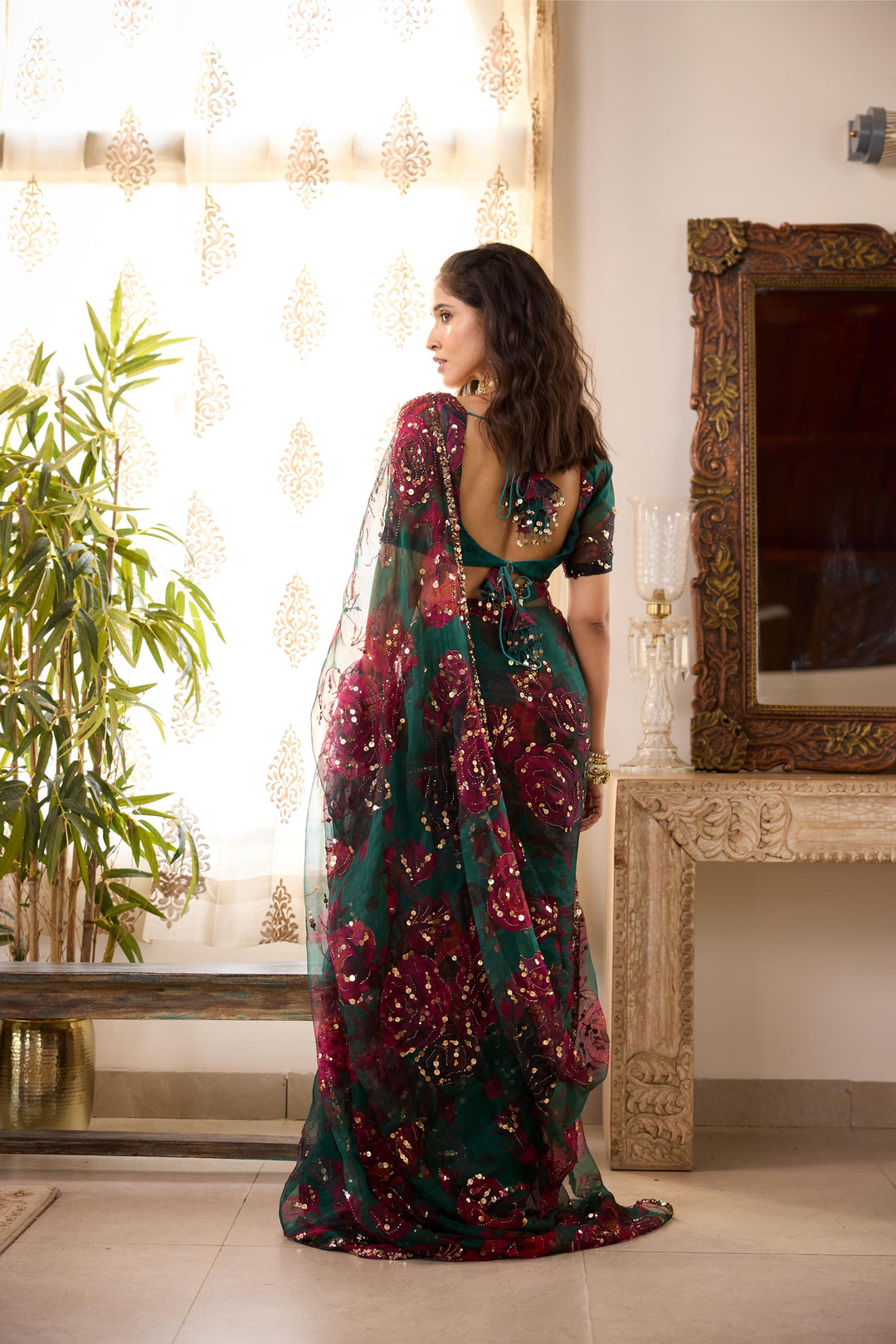TEAL GREEN ORGANZA FLORAL SAREE