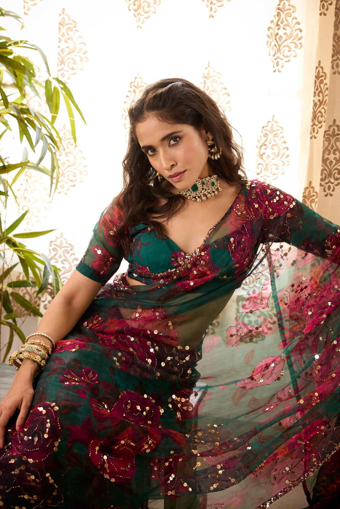 TEAL GREEN ORGANZA FLORAL SAREE