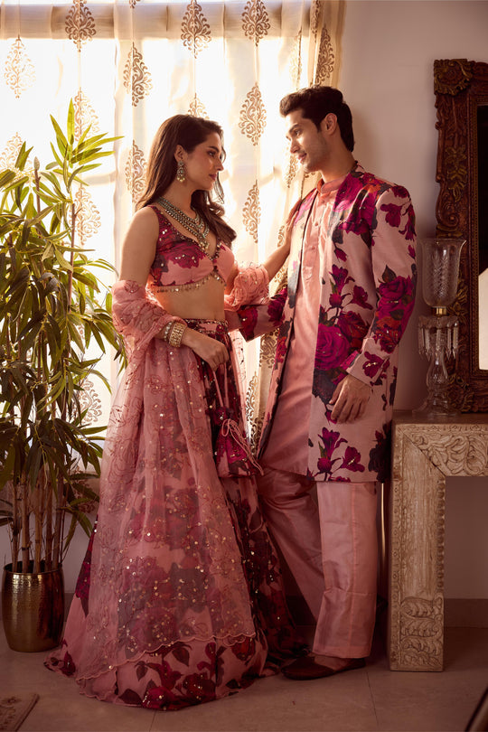 PEACH PINK CHIFFON FLORAL LEHENGA