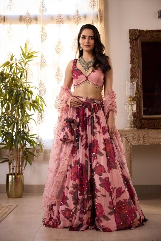 PEACH PINK CHIFFON FLORAL LEHENGA