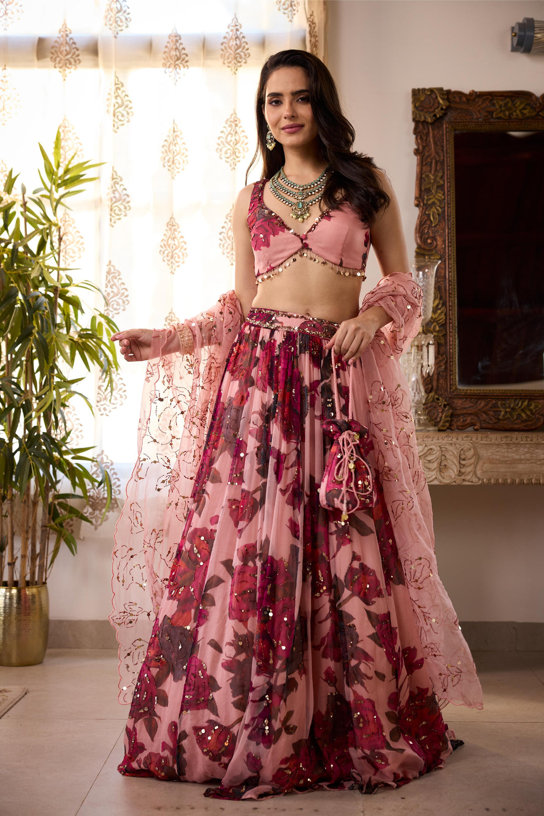 PEACH PINK CHIFFON FLORAL LEHENGA