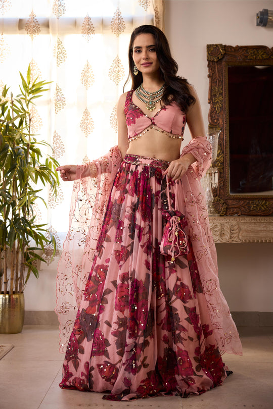 PEACH PINK CHIFFON FLORAL LEHENGA