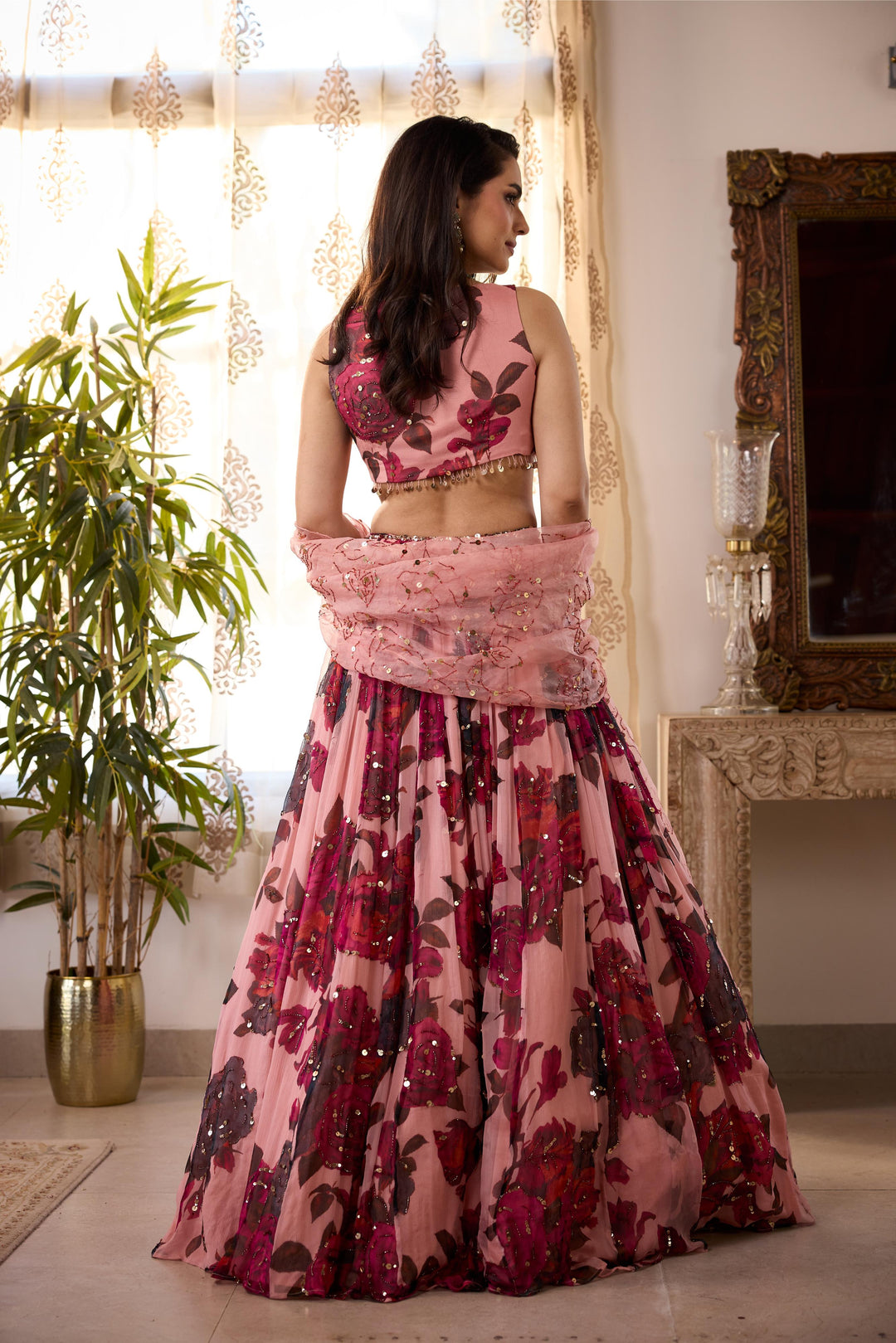 PEACH PINK CHIFFON FLORAL LEHENGA