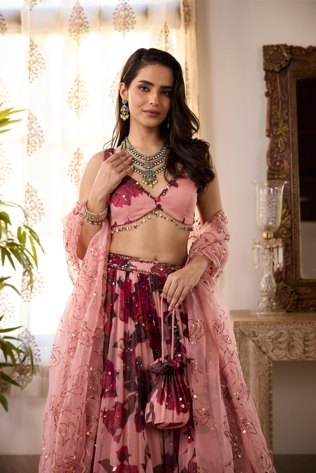 PEACH PINK CHIFFON FLORAL LEHENGA