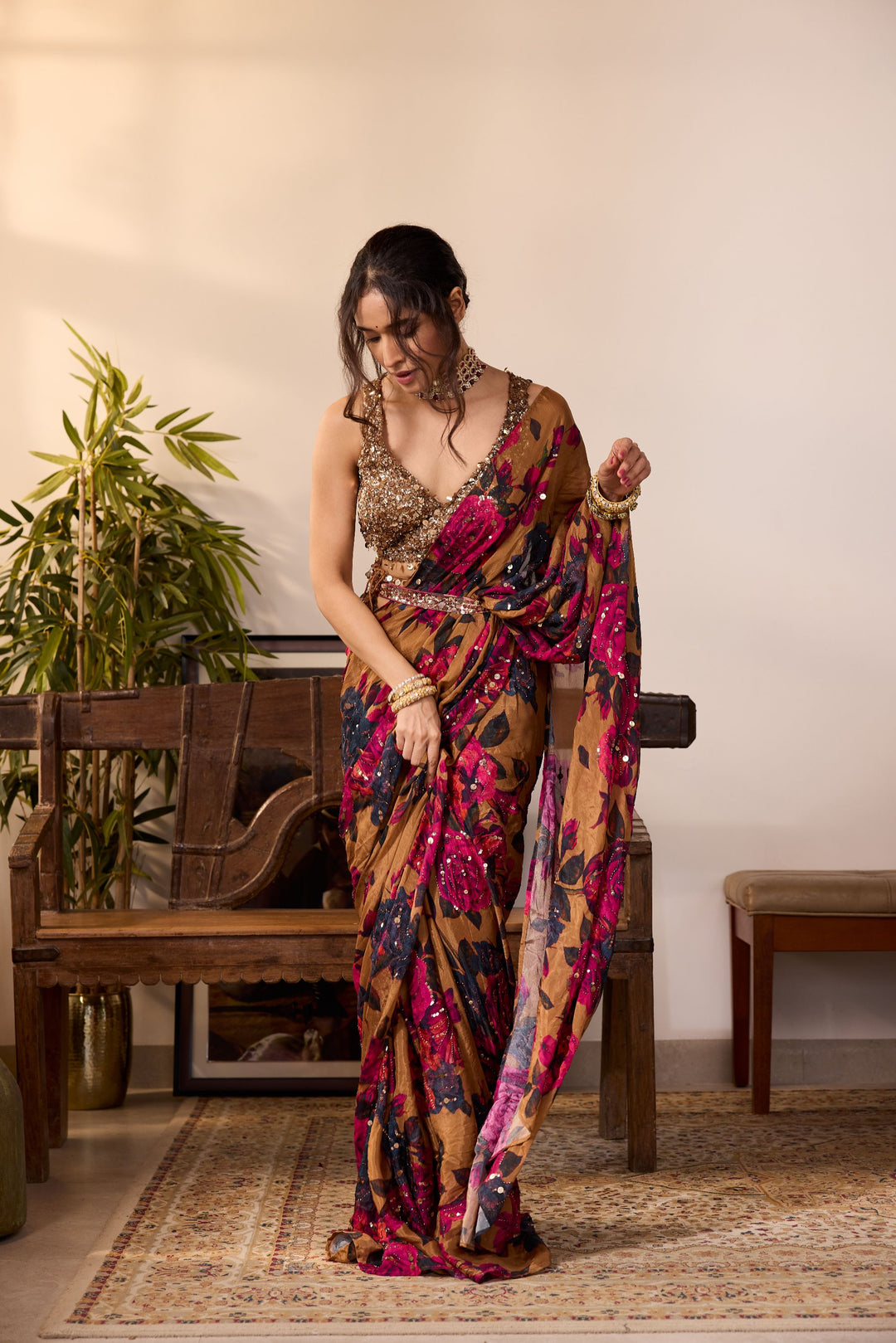 DARK MUSTARD CHIFFON FLORAL SAREE SET