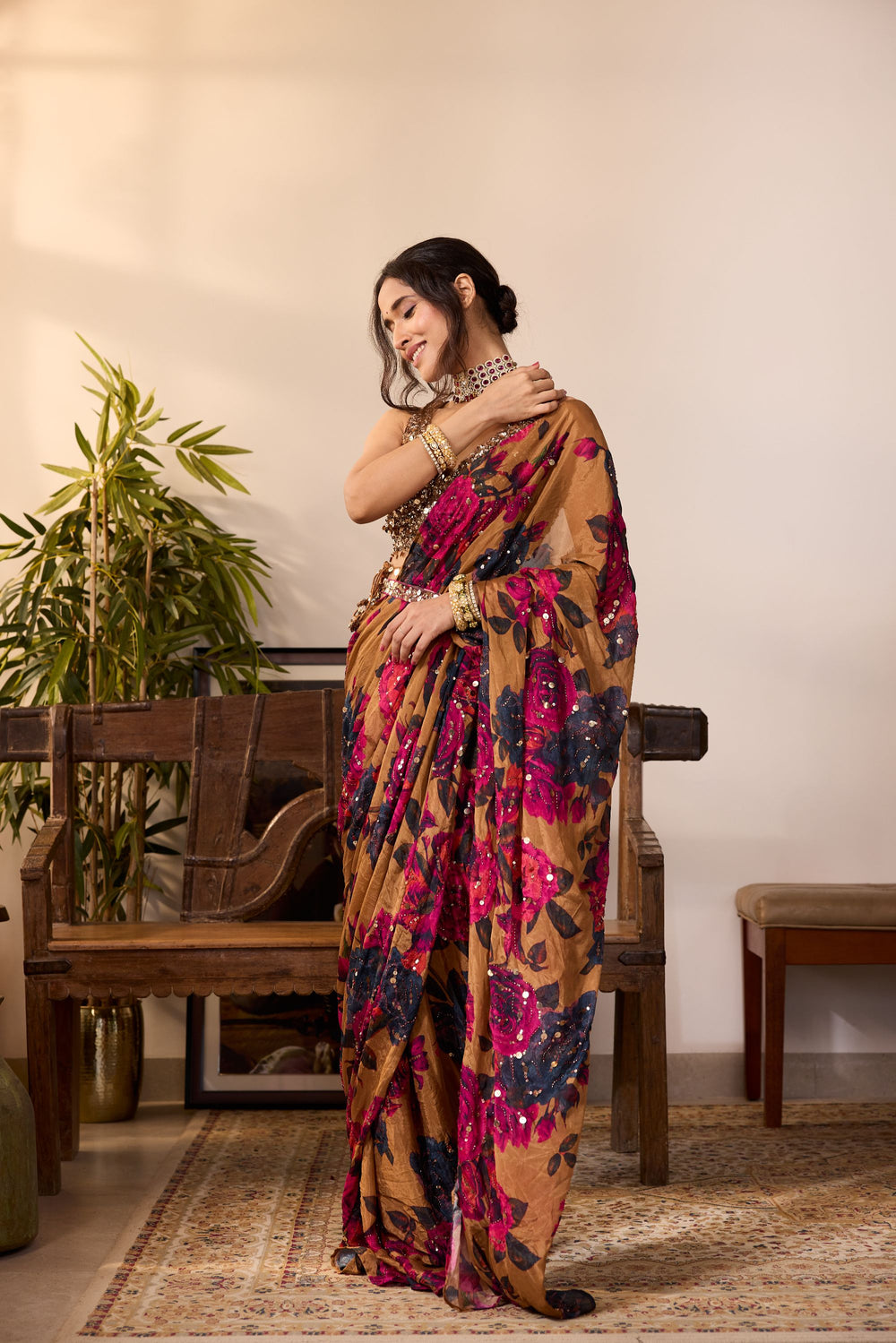 DARK MUSTARD CHIFFON FLORAL SAREE SET