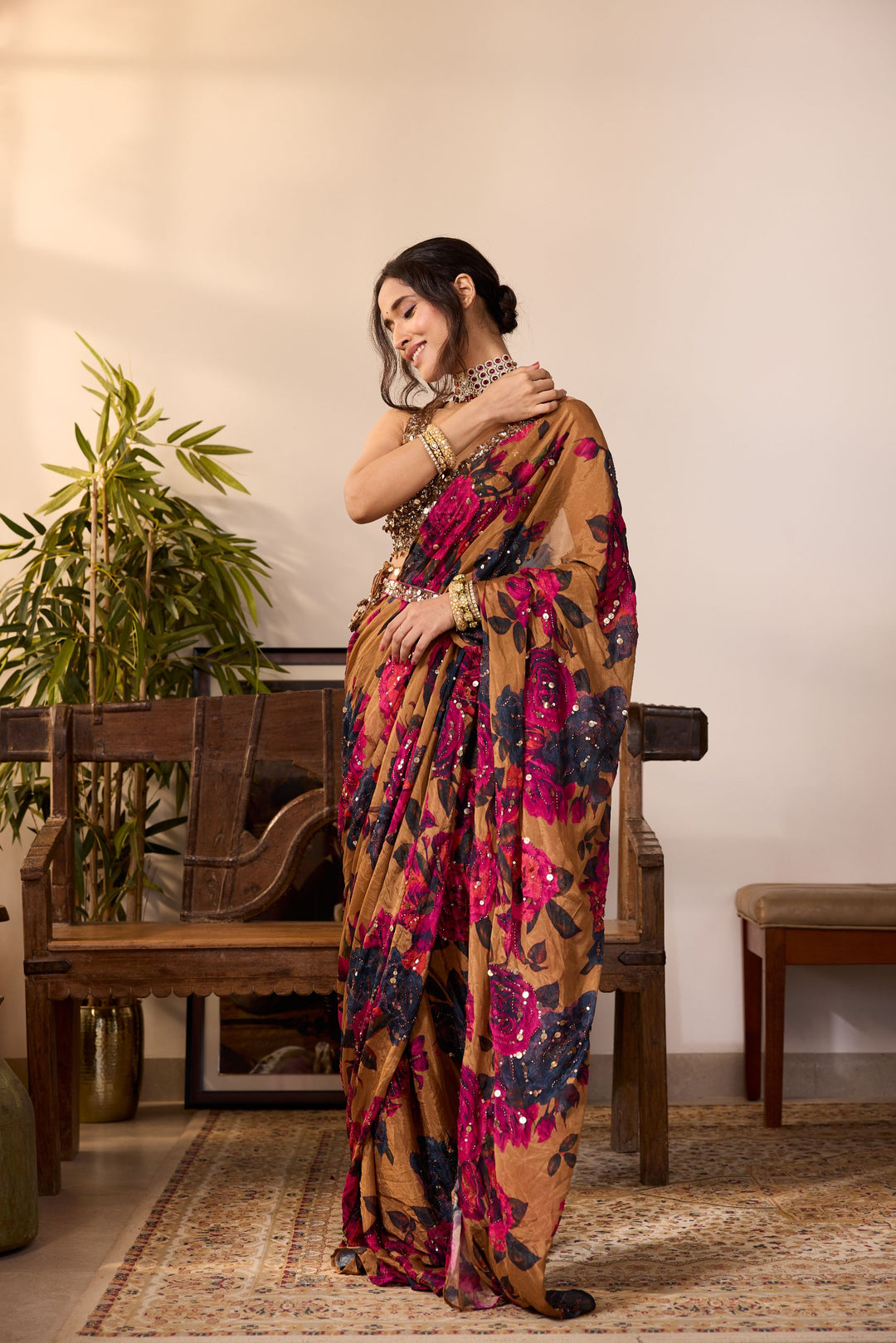 DARK MUSTARD CHIFFON FLORAL SAREE SET