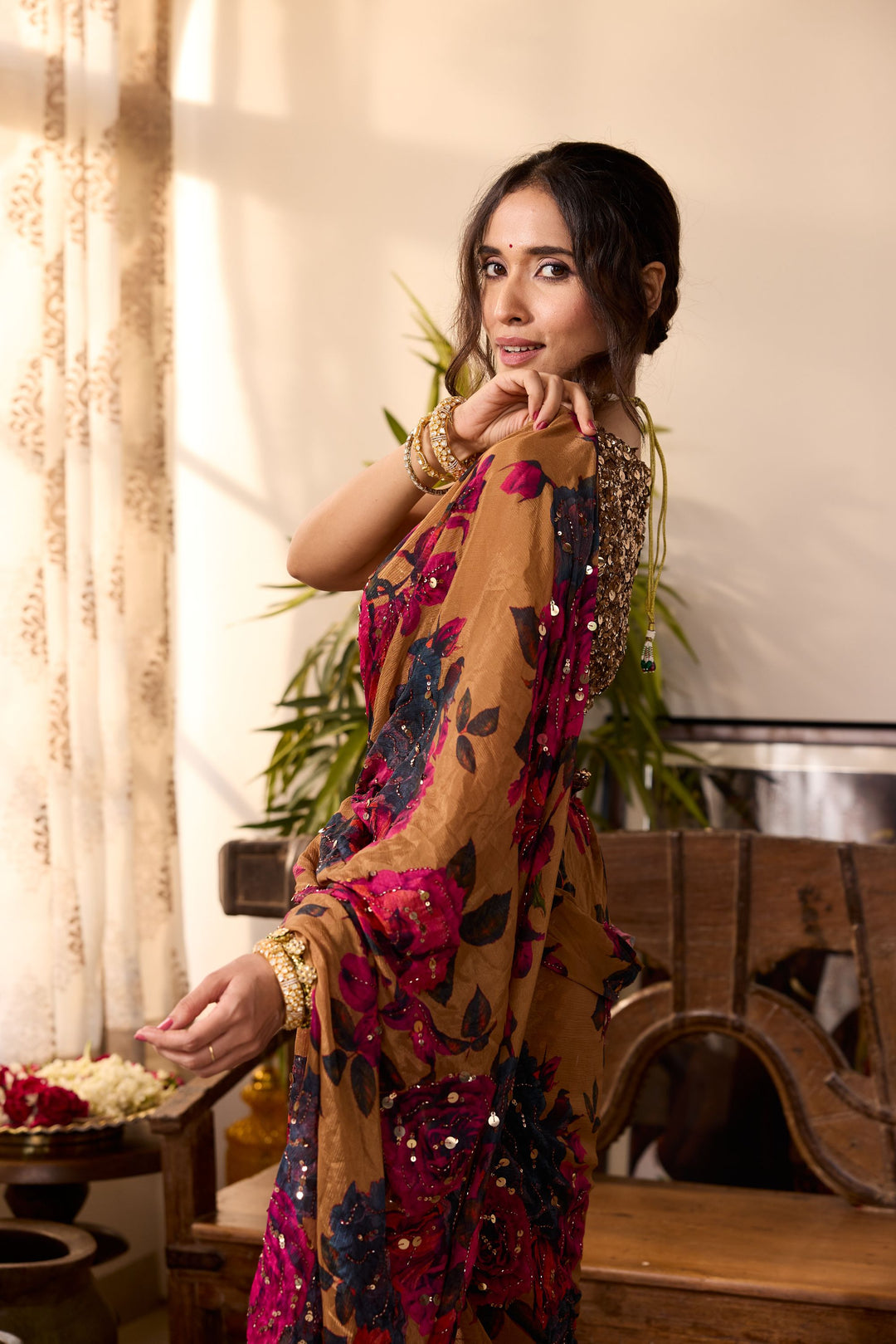 DARK MUSTARD CHIFFON FLORAL SAREE SET