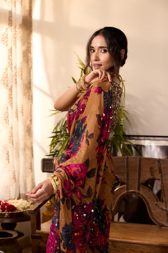 DARK MUSTARD CHIFFON FLORAL SAREE SET