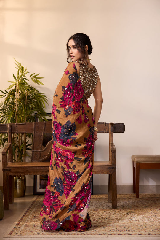 DARK MUSTARD CHIFFON FLORAL SAREE SET