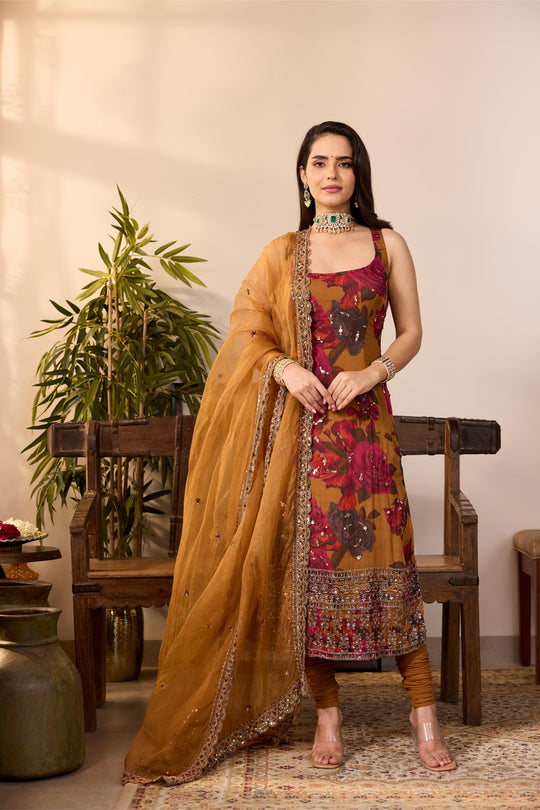 DARK MUSTARD CHIFFON FLORAL KURTI