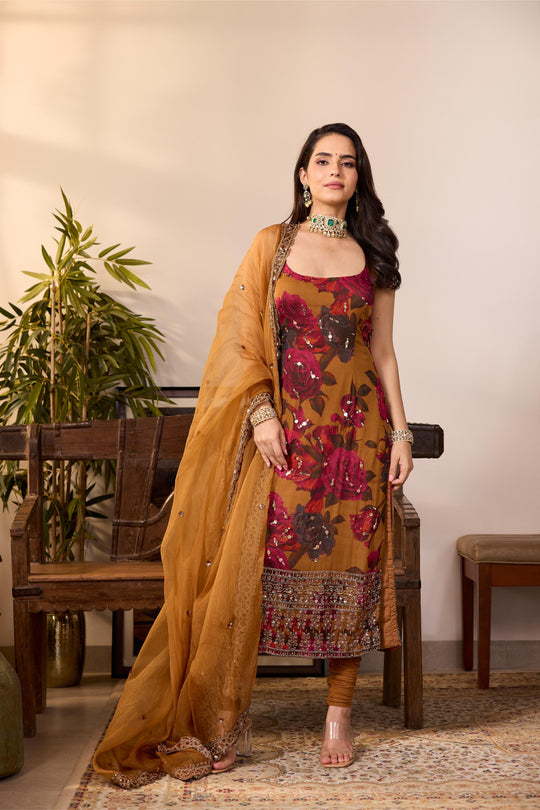 DARK MUSTARD CHIFFON FLORAL KURTI