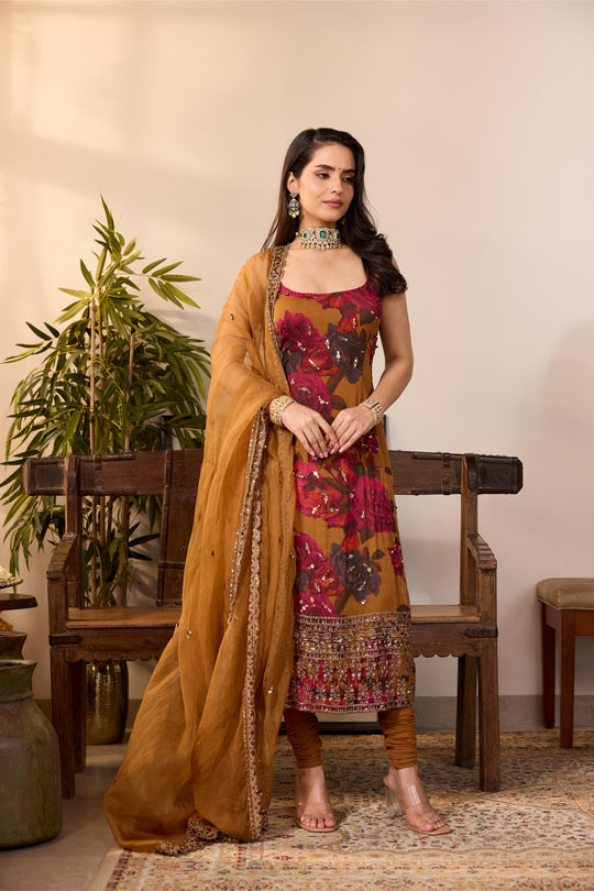 DARK MUSTARD CHIFFON FLORAL KURTI