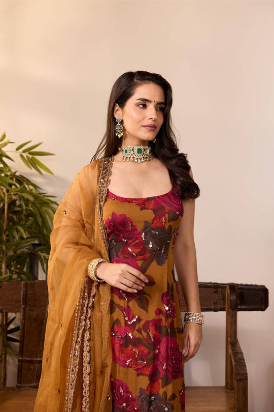 DARK MUSTARD CHIFFON FLORAL KURTI