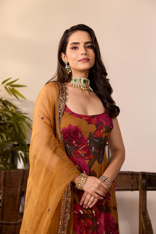 DARK MUSTARD CHIFFON FLORAL KURTI