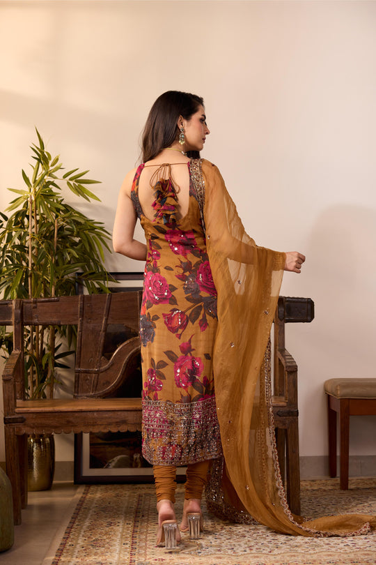 DARK MUSTARD CHIFFON FLORAL KURTI