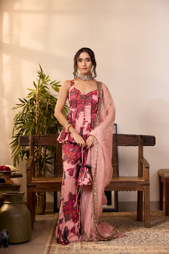 PEACH PINK CHIFFON FLORAL A-LINE SHORT KURTA & PANTS