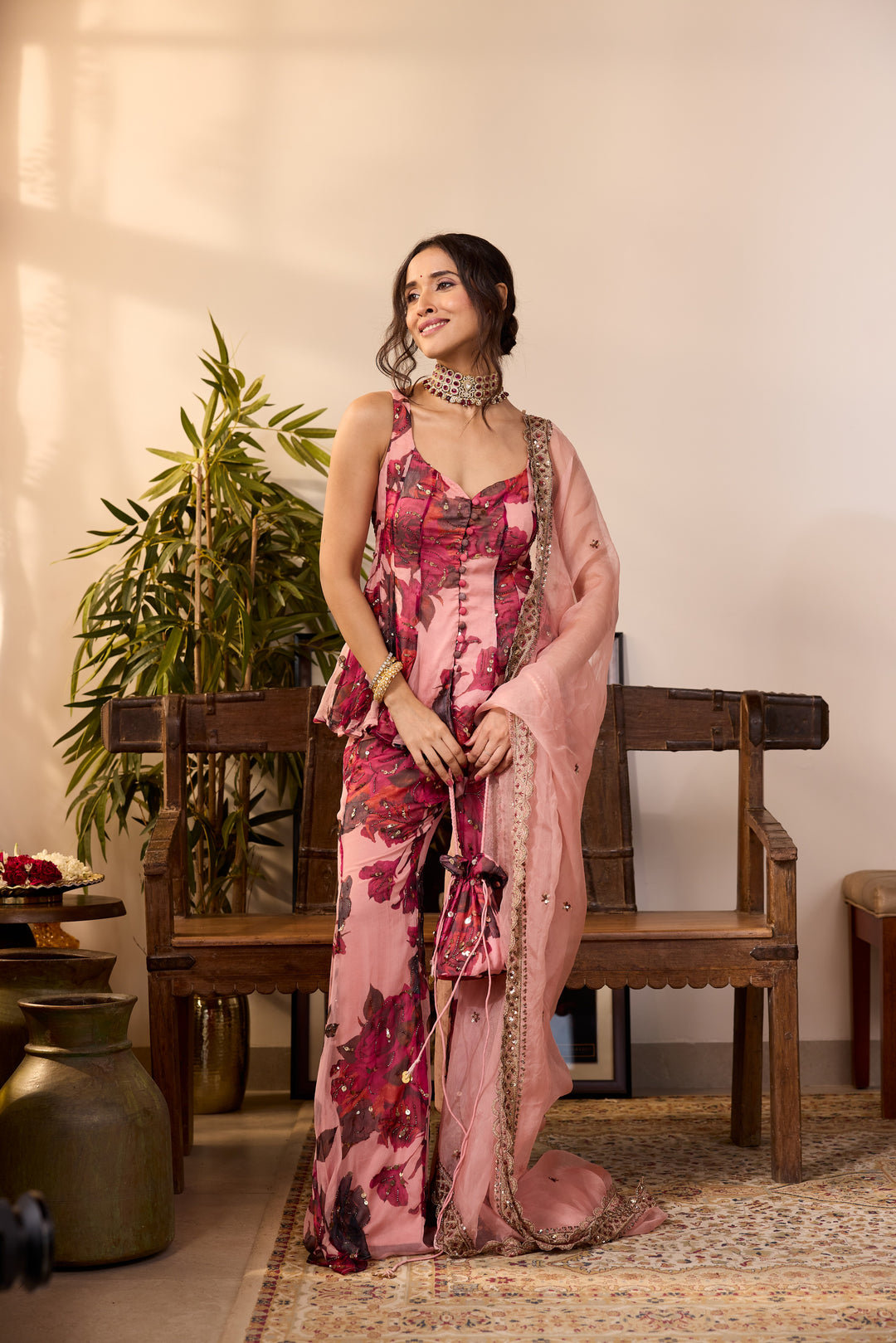PEACH PINK CHIFFON FLORAL A-LINE SHORT KURTA & PANTS