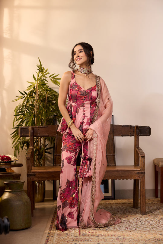 PEACH PINK CHIFFON FLORAL A-LINE SHORT KURTA & PANTS