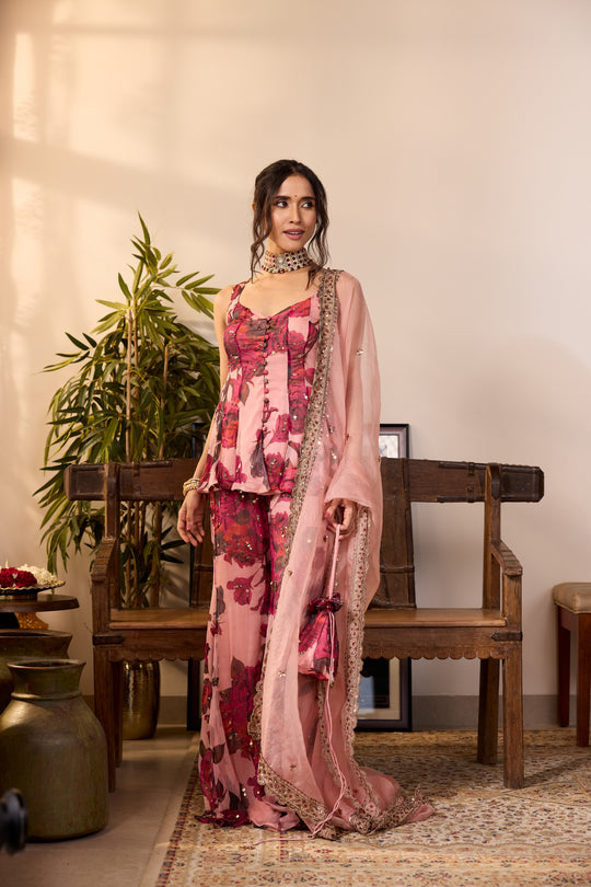 PEACH PINK CHIFFON FLORAL A-LINE SHORT KURTA & PANTS