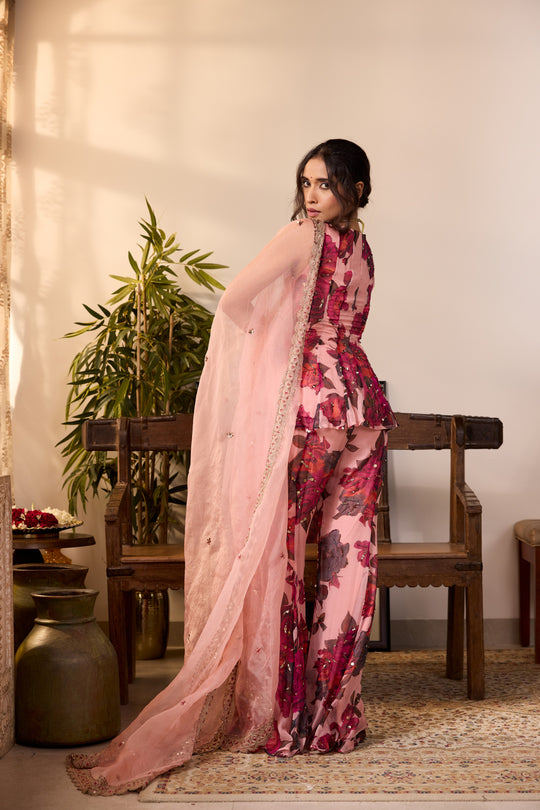 PEACH PINK CHIFFON FLORAL A-LINE SHORT KURTA & PANTS