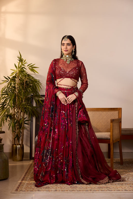 DEEP RED CHIFFON FLORAL LEHENGA