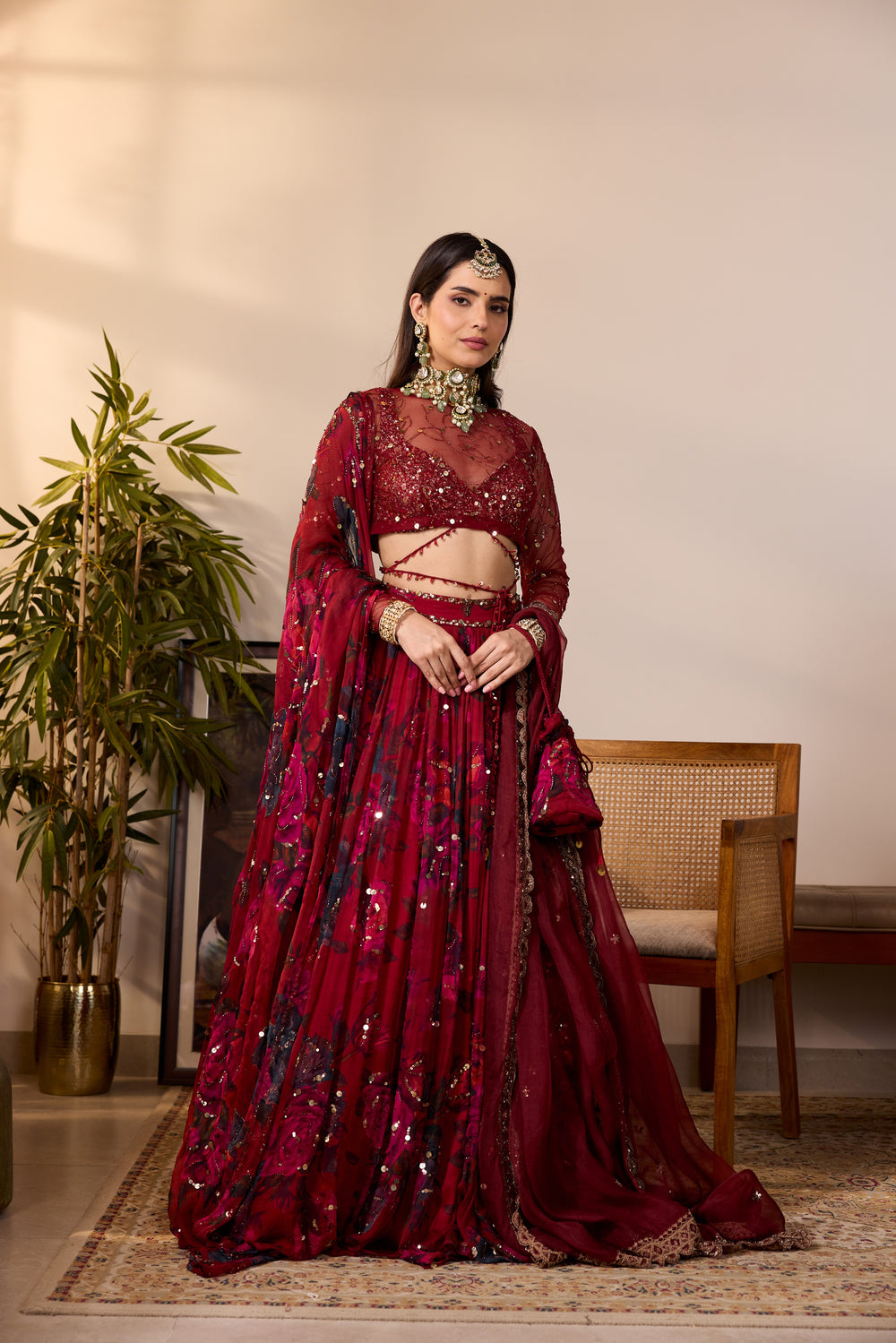DEEP RED CHIFFON FLORAL LEHENGA
