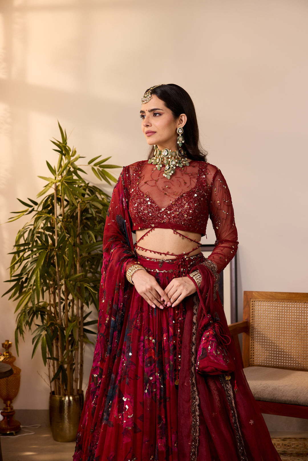 DEEP RED CHIFFON FLORAL LEHENGA