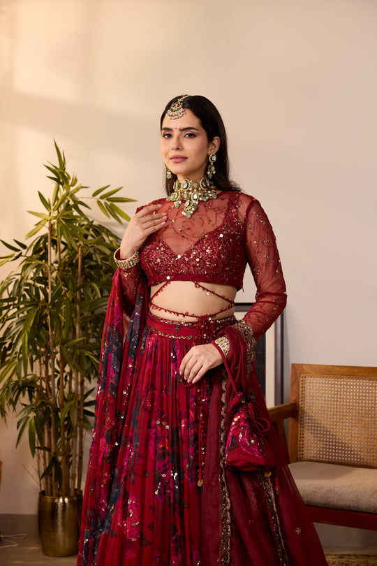 DEEP RED CHIFFON FLORAL LEHENGA