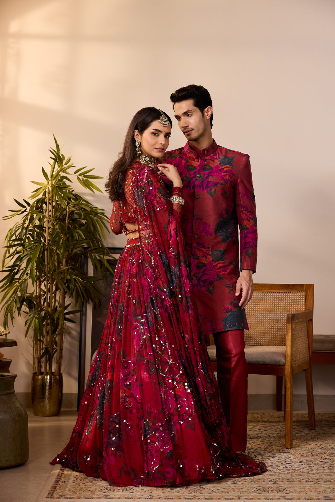 DEEP RED CHIFFON FLORAL LEHENGA