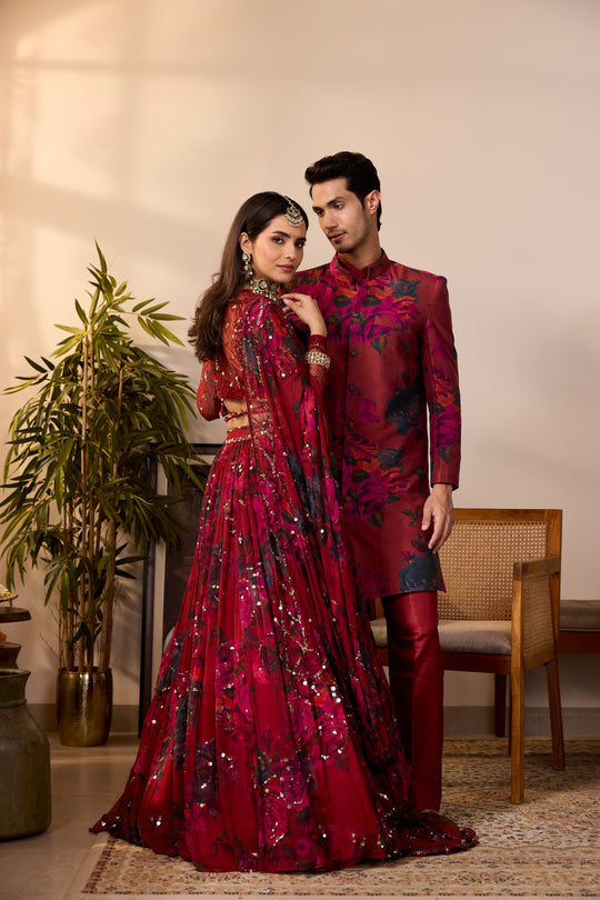 DEEP RED CHIFFON FLORAL LEHENGA