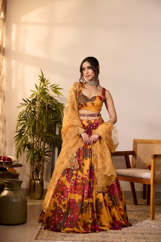 YELLOW CHIFFON FLORAL LEHENGA