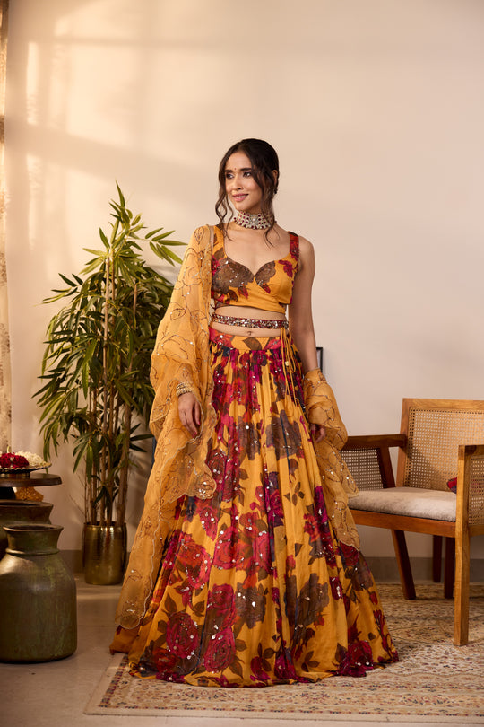 YELLOW CHIFFON FLORAL LEHENGA