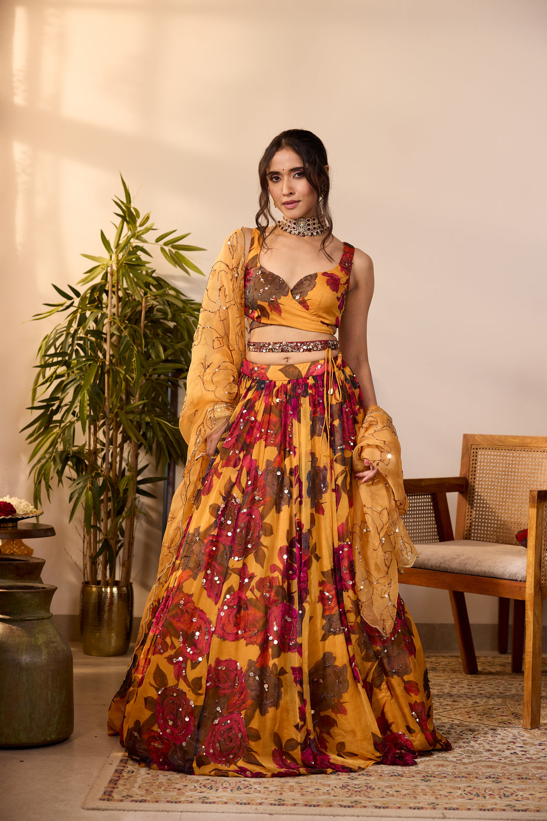 YELLOW CHIFFON FLORAL LEHENGA