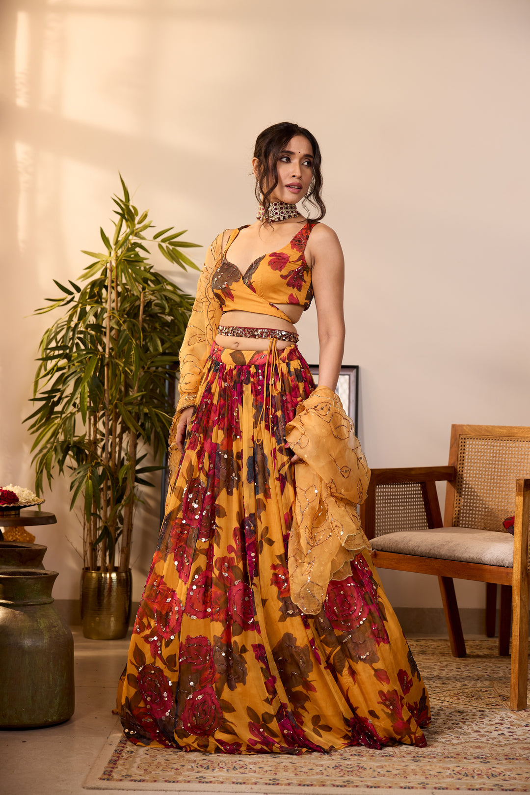 YELLOW CHIFFON FLORAL LEHENGA