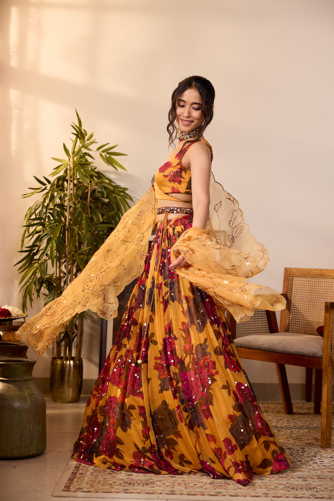YELLOW CHIFFON FLORAL LEHENGA
