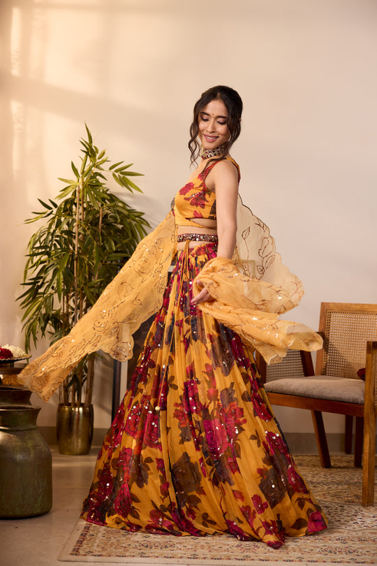 YELLOW CHIFFON FLORAL LEHENGA