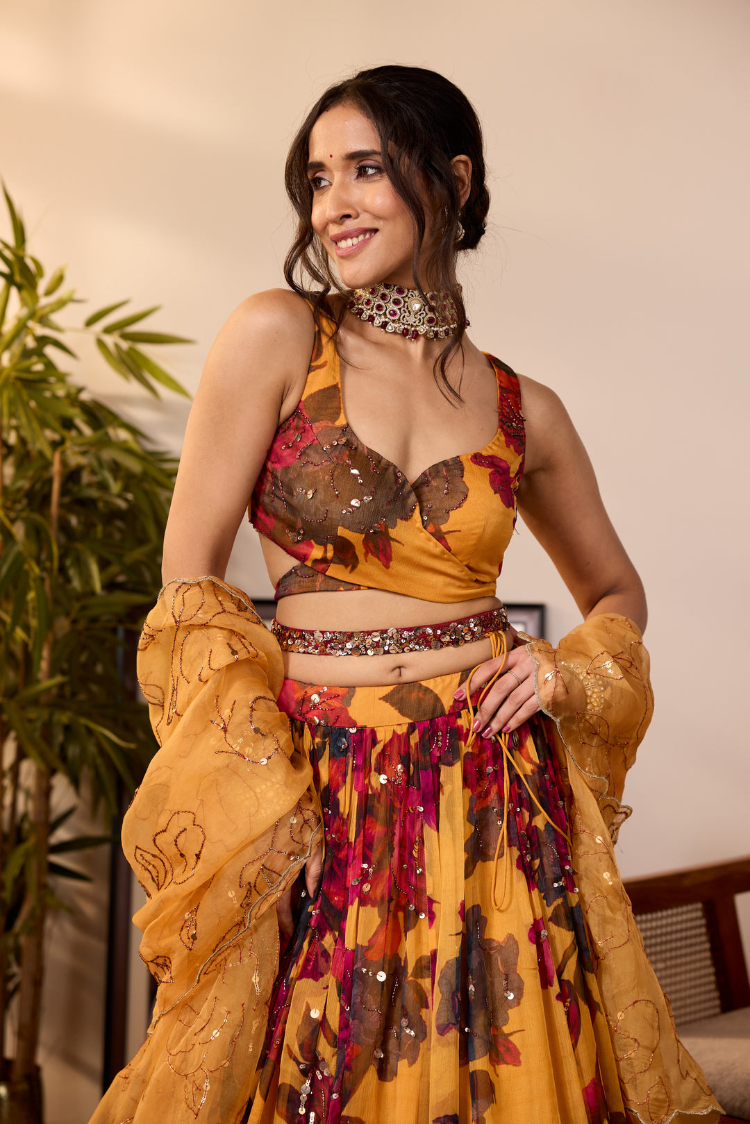 YELLOW CHIFFON FLORAL LEHENGA