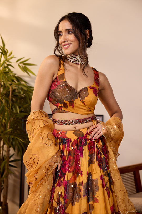 YELLOW CHIFFON FLORAL LEHENGA