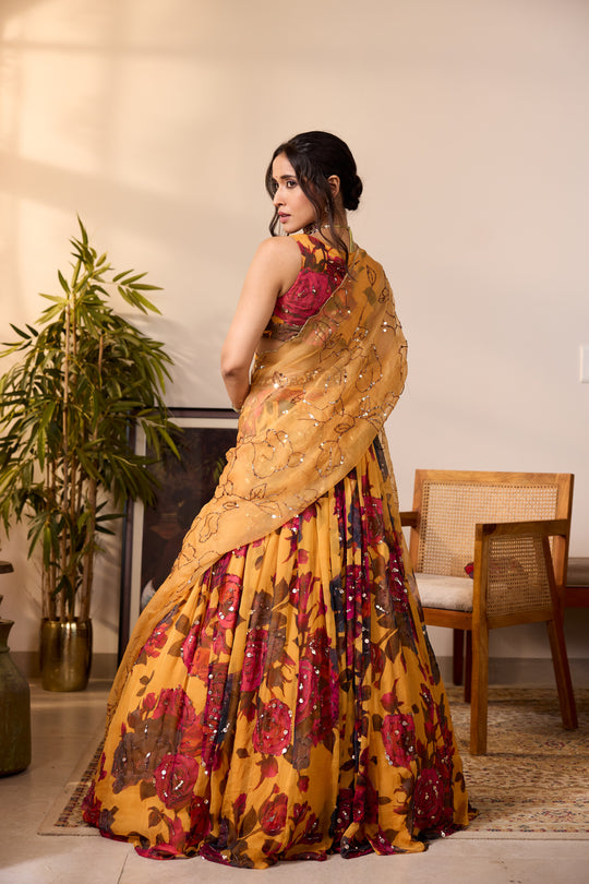 YELLOW CHIFFON FLORAL LEHENGA