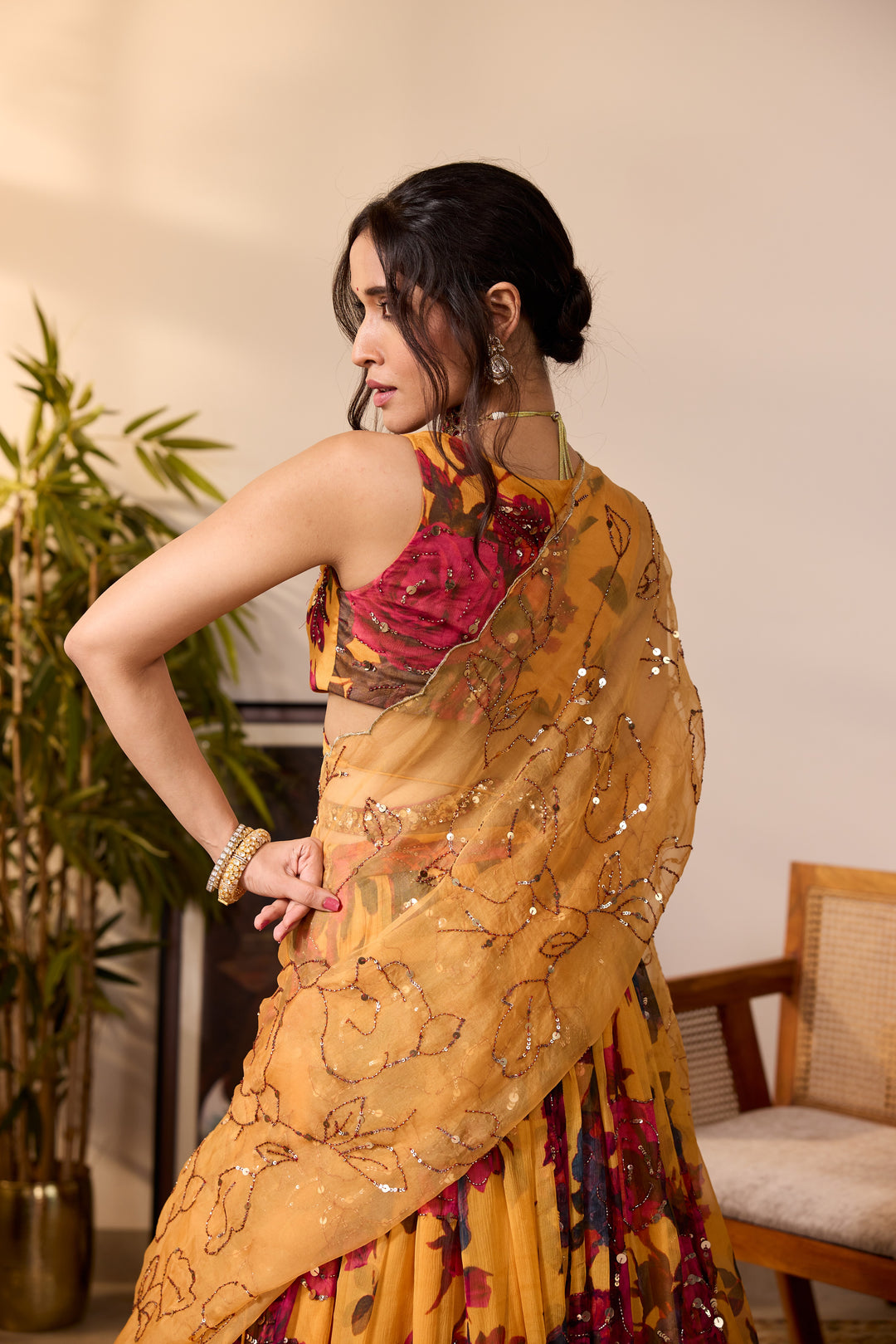 YELLOW CHIFFON FLORAL LEHENGA