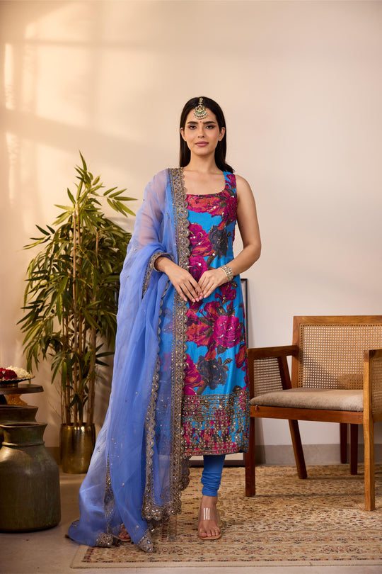 TURQUISE CHIFFON FLORAL  KURTI