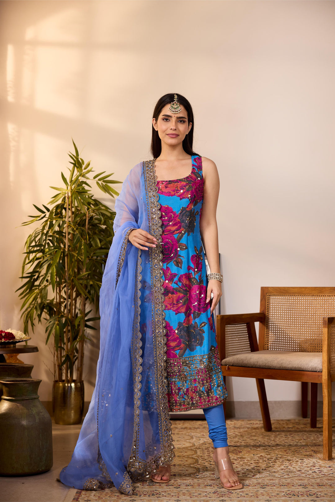 TURQUISE CHIFFON FLORAL  KURTI