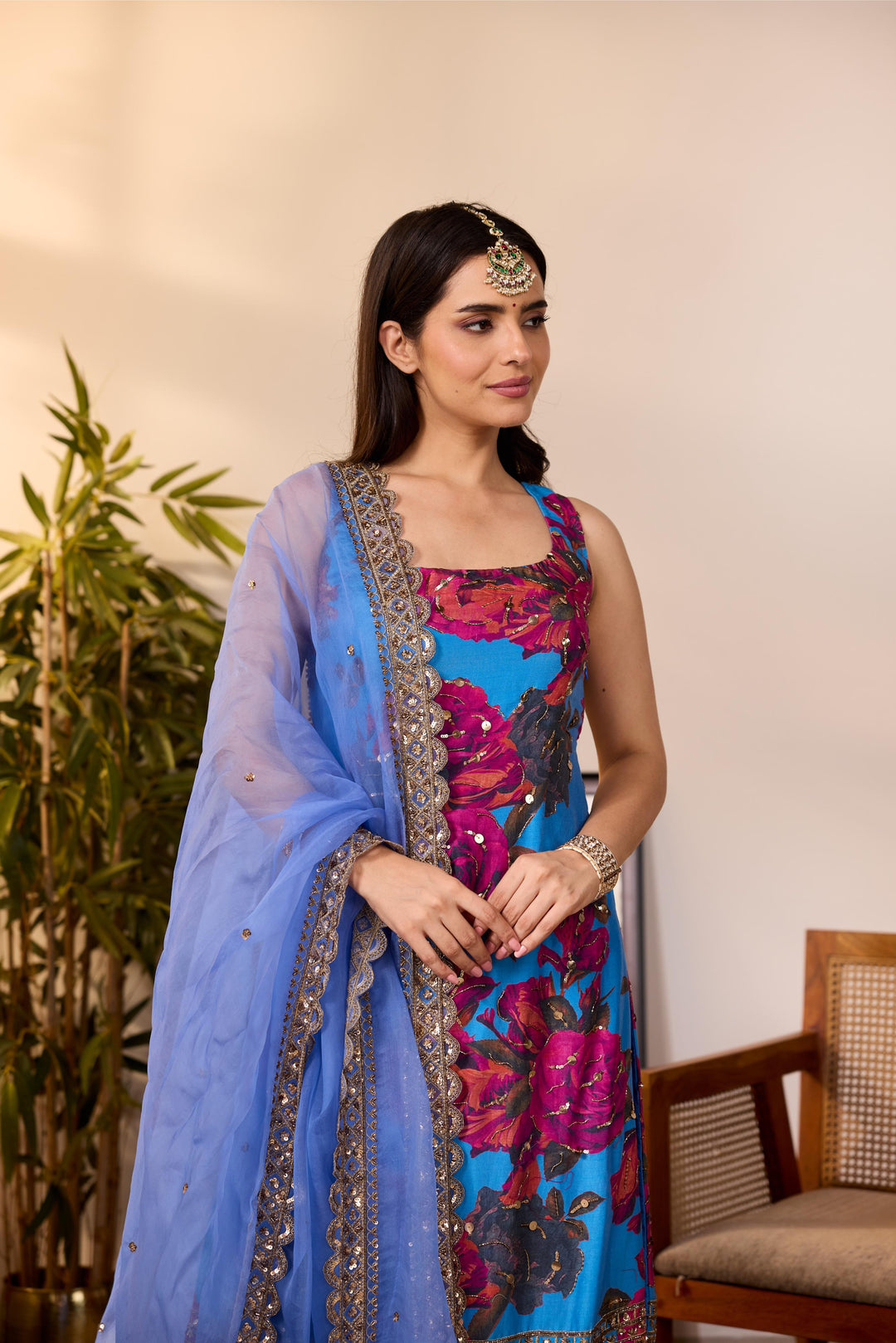 TURQUISE CHIFFON FLORAL  KURTI