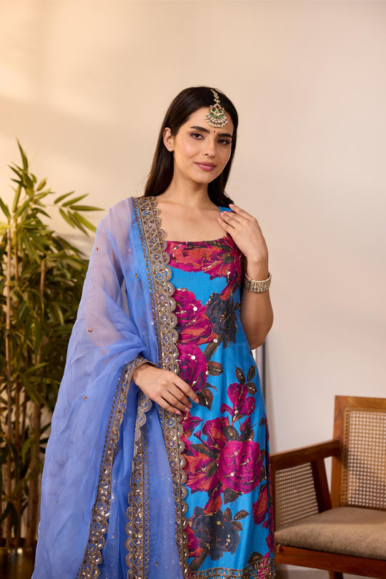 TURQUISE CHIFFON FLORAL  KURTI