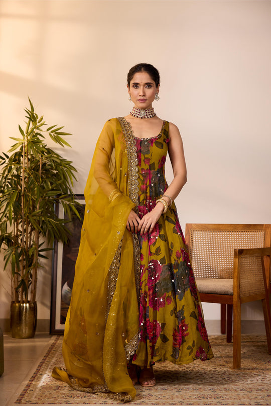 MUSTARD CHIFFON FLORAL  A-LINE ANARKALI