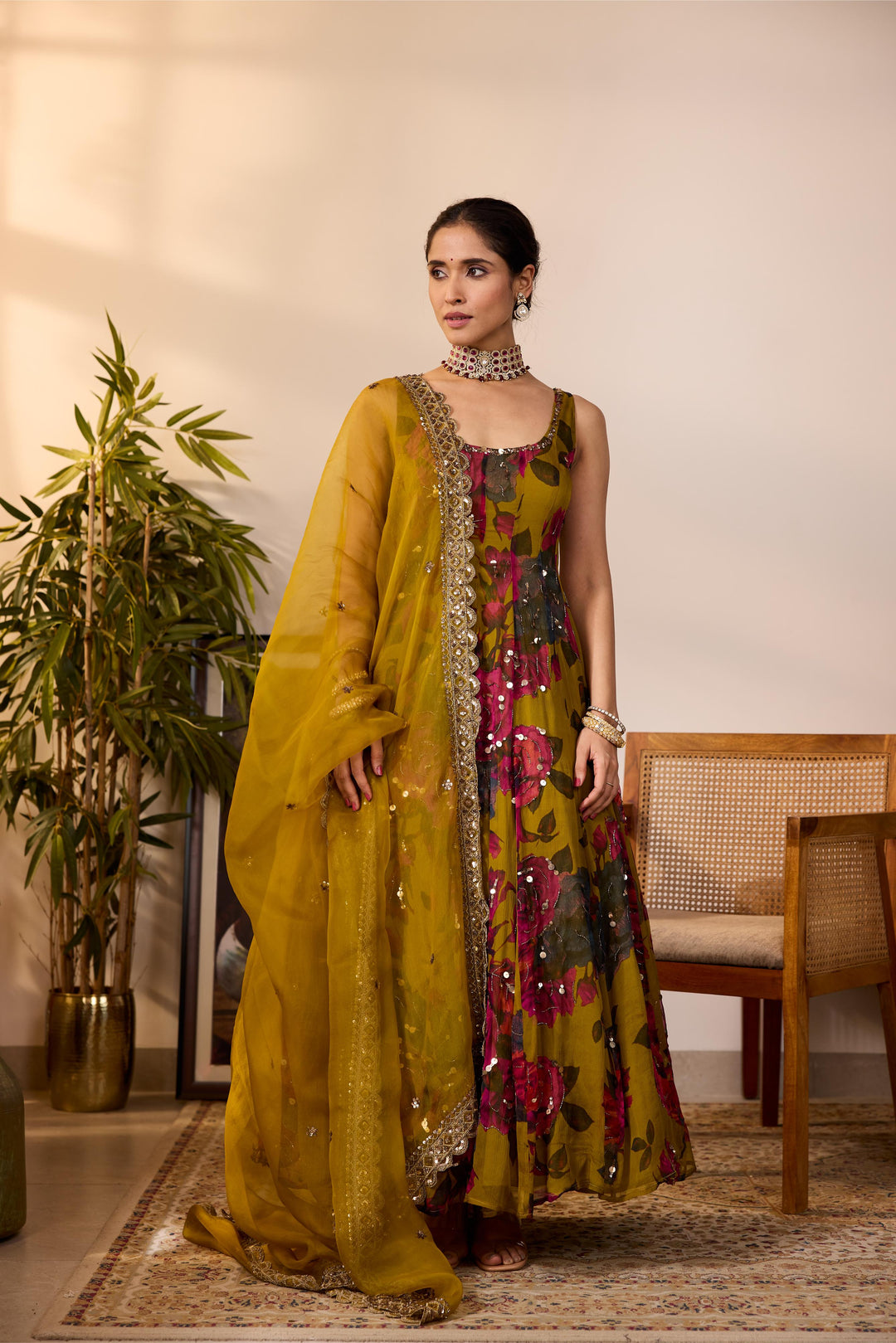 MUSTARD CHIFFON FLORAL  A-LINE ANARKALI